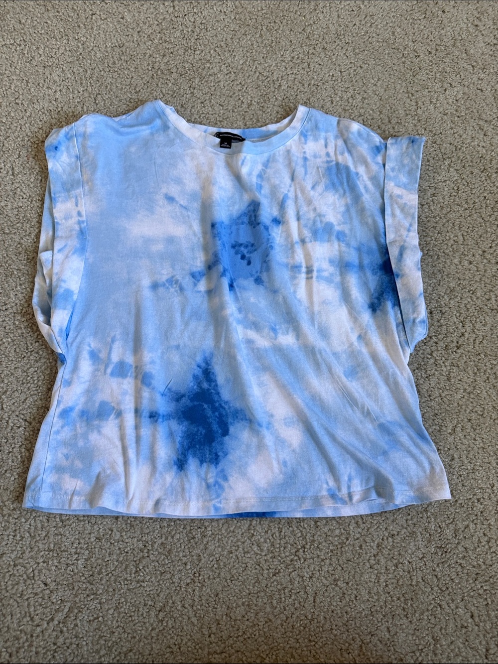 INC International Concepts White and Blue Tie-Dye Short Sleeve Top